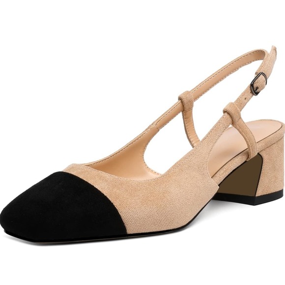 Eldof Women's Slingback Block Heels, Square Ladies, suede Black Beige US8 - Picture 4 of 7